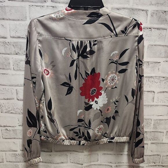 LOFT Red and Gray Bomber Jacket with Botanical Print - Picture 3 of 3